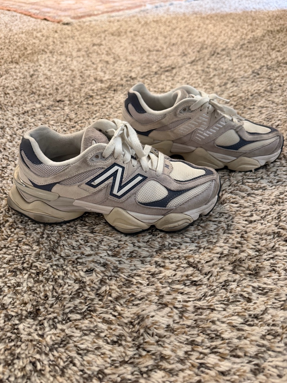 New Balance 9060 Cream Taupe Navy Suede Mesh Chunky Sneakers